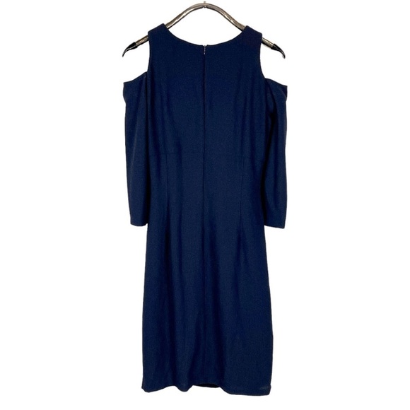 DAVID MEISTER BLUE COLD SHOULDER GATHERED HIP KNEE LENGTH 3/4 SLEEVE DRESS - Picture 4 of 12
